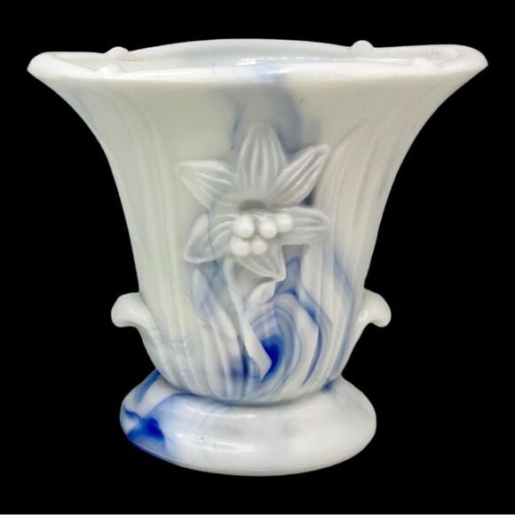 Vintage Akro Agate Iris Floral Marbled Swirl Slag Glass Vase - Picture 2 of 15